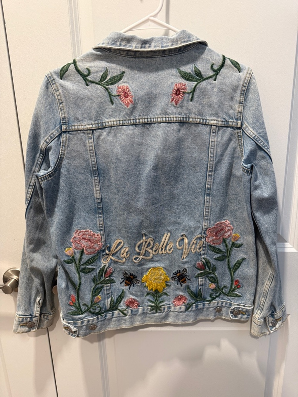 H&M Light Blue Denim Jacket with Pink Rose Embroidery